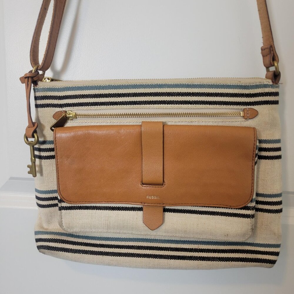 Fossil Kinley Medium Cream Cotton Canvas & Leather Crossbody Purse Bag Satchel